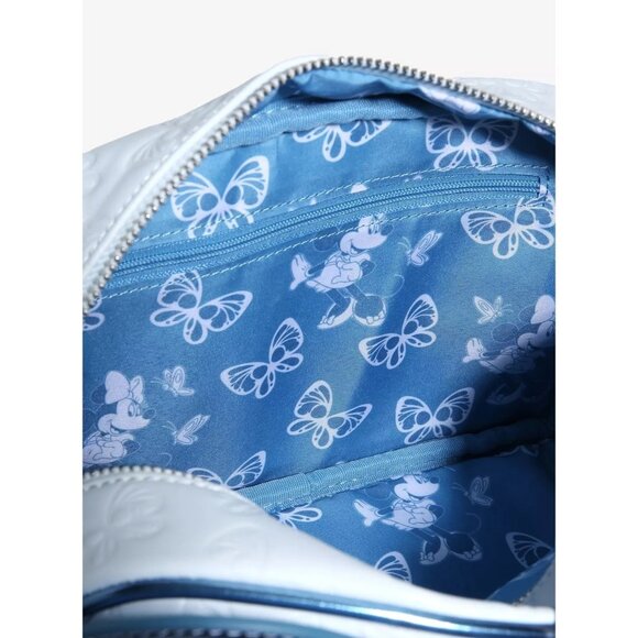 Disney Loungefly Minnie Mouse Crossbody Bag Blue Satin Bow Butterfly Embossed - Picture 4 of 4